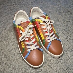 Coach women’s lowline brown leather sneakers with colorful rainbow accents